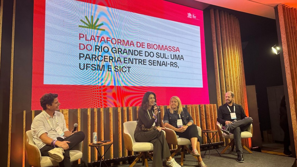A imagem mostra quatro palestrantes (duas mulheres e dois homens) sentados em um palco, diante de um painel nas cores branca e rosa. No painel est&aacute; escrito: "Plataforma de biomassa do Rio Grande do Sul: uma parceria entre Senai-RS, UFSM e Sict".