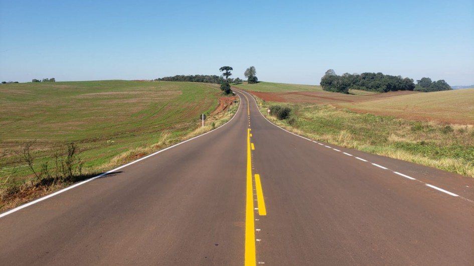 Foto mostra estrada e paisagem do interior ga&uacute;cho