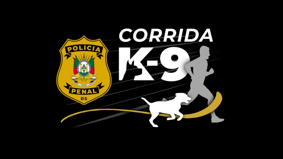 Card com a marca da Pol&iacute;cia Penal e as palavras "Corrida K-9" em letra branca com fundo preto. Ao lado, h&aacute; a arte de um homem e um cachorro correndo. 