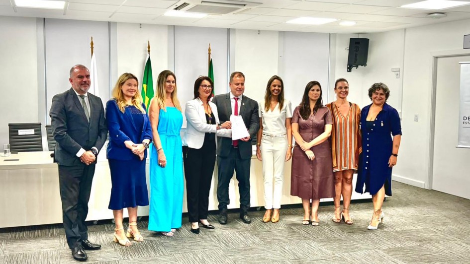 Esta &eacute; uma descri&ccedil;&atilde;o detalhada da imagem para fins de acessibilidade:

Vis&atilde;o Geral
A imagem registra um momento formal em um ambiente de escrit&oacute;rio ou sala de reuni&otilde;es. Nove pessoas &mdash; tr&ecirc;s homens e seis mulheres &mdash; est&atilde;o posicionadas lado a lado para uma foto oficial. O clima &eacute; profissional e solene, com todos sorrindo levemente para a c&acirc;mera.

Composi&ccedil;&atilde;o e Elementos Centrais
A&ccedil;&atilde;o Principal: No centro da imagem, uma mulher vestindo um blazer branco e cal&ccedil;as pretas e um homem em um terno escuro com gravata vermelha seguram juntos um documento em papel branco. Este gesto simboliza a assinatura ou entrega do termo mencionado no t&iacute;tulo.

As Pessoas (da esquerda para a direita):

Um homem de terno cinza escuro e gravata.

Uma mulher com um conjunto de vestido e casaco azul vibrante.

Uma mulher com um macac&atilde;o azul-celeste sem mangas.

A mulher de blazer branco (mencionada na a&ccedil;&atilde;o central).

O homem de gravata vermelha (mencionado na a&ccedil;&atilde;o central).

Uma mulher vestindo blusa e cal&ccedil;as brancas.

Uma mulher com um vestido midi marrom.

Uma mulher com um vestido curto de listras verticais em tons de laranja e marrom.

Uma mulher com um vestido azul-marinho abotoado na frente.

Cen&aacute;rio e Ambiente
O Local: Uma sala ampla com piso de carpete cinza em padr&atilde;o quadriculado. Ao fundo, h&aacute; uma mesa branca comprida e tr&ecirc;s mastros com bandeiras (incluindo a bandeira do Brasil e, possivelmente, a do Estado).

Ilumina&ccedil;&atilde;o: A luz &eacute; branca e uniforme, vinda de pain&eacute;is de LED no teto de gesso.

Detalhes Adicionais: &Agrave; direita, h&aacute; uma porta branca e uma placa na parede onde se l&ecirc; parcialmente "DEFENSORIA DO ESTADO".