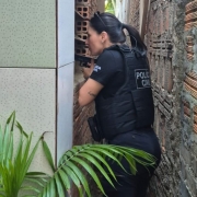 Esta &eacute; uma descri&ccedil;&atilde;o detalhada da imagem para fins de acessibilidade:

Vis&atilde;o Geral
A imagem mostra uma policial civil em a&ccedil;&atilde;o t&aacute;tica durante a Opera&ccedil;&atilde;o Carnaval Seguro. A cena ocorre em um ambiente urbano estreito, capturando um momento de progress&atilde;o policial entre edifica&ccedil;&otilde;es.

A Policial e a A&ccedil;&atilde;o
Identifica&ccedil;&atilde;o e Traje: A policial, uma mulher de pele clara e cabelos escuros presos em um rabo de cavalo, veste o uniforme da Pol&iacute;cia Civil. Ela utiliza uma camiseta preta sob um colete t&aacute;tico bal&iacute;stico tamb&eacute;m preto, onde se l&ecirc; a inscri&ccedil;&atilde;o da institui&ccedil;&atilde;o.

Postura e Equipamento: Posicionada de perfil, ela segura uma pistola preta em punho, mantendo uma postura de alerta e foco enquanto observa atrav&eacute;s de uma abertura ou fresta na parede.

Detalhe Particular: No antebra&ccedil;o esquerdo da policial, &eacute; poss&iacute;vel notar uma pequena tatuagem com a palavra "Love".

O Cen&aacute;rio
Arquitetura: A a&ccedil;&atilde;o se desenvolve em um corredor estreito. De um lado, h&aacute; uma parede de tijolos cer&acirc;micos aparentes e sem reboco; do outro, uma parede com revestimento de azulejos claros e quadrados.

Vegeta&ccedil;&atilde;o: No canto inferior esquerdo da imagem, as folhas verdes de uma pequena planta (tipo palmeira) aparecem em primeiro plano, adicionando um elemento org&acirc;nico &agrave; cena urbana.