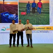 Foto mostra o presidente do Irga, Alexandre Velho, recebendo o pr&ecirc;mio em formato de uma p&aacute; dourada. Eles est&atilde;o num palco com um tel&atilde;o com parte de uma foto de lavoura de arroz ao fundo. 
