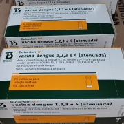 Caixas da vacina contra dengue do Instituto Butantan, empilhadas, com r&oacute;tulo indicando prote&ccedil;&atilde;o contra os quatro sorotipos e aplica&ccedil;&atilde;o por via subcut&acirc;nea.
