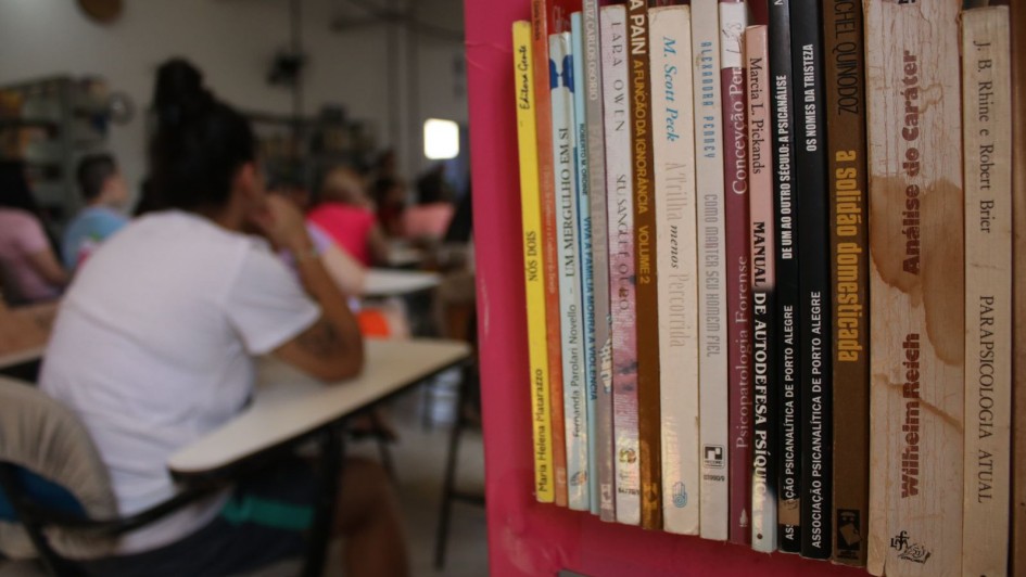 Foto mostra em primeiro plano livros numa estante e num segundo plano ao fundo uma sala de aula onde h&aacute; uma silhueta de uma mulher sentada numa classe de sala de aula. 