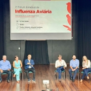 A imagem mostra um palco de audit&oacute;rio onde seis pessoas est&atilde;o sentadas em cadeiras alinhadas. Acima delas, um grande tel&atilde;o exibe o t&iacute;tulo &ldquo;2&ordm; F&oacute;rum Estadual de Influenza Avi&aacute;ria &ndash; Preven&ccedil;&atilde;o e Conting&ecirc;ncia&rdquo;.
