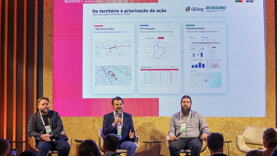 Esta &eacute; uma descri&ccedil;&atilde;o detalhada da imagem para fins de acessibilidade:

A fotografia registra um painel t&eacute;cnico durante o South Summit Brazil 2026, em Porto Alegre, focado em seguran&ccedil;a p&uacute;blica e inova&ccedil;&atilde;o de dados.

O Palco e os Participantes
Os Palestrantes: Tr&ecirc;s homens est&atilde;o sentados em poltronas de design moderno sobre um palco.

Ao centro: Ant&ocirc;nio Padilha, um homem de cabelos escuros e barba curta, veste um terno azul e fala ao microfone. Ele gesticula com a m&atilde;o esquerda enquanto explica o conte&uacute;do da tela.

&Agrave; esquerda: Um homem de barba e &oacute;culos, vestindo um blazer escuro sobre camiseta preta, observa a plateia.

&Agrave; direita: Um homem com uma barba longa e volumosa, vestindo uma camisa cinza de mangas compridas, segura um microfone e ouve atentamente. Todos utilizam os crach&aacute;s verdes oficiais do evento.

Mobili&aacute;rio: O palco &eacute; revestido com placas de madeira compensada (OSB), e ao lado de cada poltrona h&aacute; pequenas mesas de apoio pretas.

Conte&uacute;do da Tela (Apresenta&ccedil;&atilde;o)
Ao fundo, um grande tel&atilde;o de LED exibe uma apresenta&ccedil;&atilde;o intitulada "Do territ&oacute;rio &agrave; prioriza&ccedil;&atilde;o da a&ccedil;&atilde;o - Seguran&ccedil;a p&uacute;blica orientada por dados".

Infogr&aacute;ficos: A tela mostra tr&ecirc;s etapas l&oacute;gicas:

Territ&oacute;rio Cr&iacute;tico: Mapas com manchas de calor que identificam &aacute;reas de alta densidade criminal.

Prioriza&ccedil;&atilde;o: Gr&aacute;ficos de radar e tabelas para an&aacute;lise de anomalias.

Detalhamento: Gr&aacute;ficos de barras e mapas anal&iacute;ticos integrados.

Logotipos: No topo da tela, aparecem as marcas do South Summit, do programa RS SEGURO, do GESeg e o bras&atilde;o do Governo do Estado do Rio Grande do Sul.

Composi&ccedil;&atilde;o e P&uacute;blico
Primeiro Plano: Na parte inferior da foto, veem-se as silhuetas das cabe&ccedil;as de v&aacute;rias pessoas da plateia, sugerindo que o audit&oacute;rio est&aacute; cheio e atento.

Ilumina&ccedil;&atilde;o: A luz &eacute; quente e focada no palco, com o tel&atilde;o emitindo uma luz branca e rosada que preenche o ambiente. O cen&aacute;rio lateral possui ripas de madeira verticais que conferem profundidade &agrave; cena.

Atmosfera
A imagem transmite uma sensa&ccedil;&atilde;o de profissionalismo e avan&ccedil;o tecnol&oacute;gico. Ela exemplifica como o Estado utiliza intelig&ecirc;ncia de dados e transpar&ecirc;ncia para gerir a seguran&ccedil;a p&uacute;blica, apresentando esses resultados em um ambiente de inova&ccedil;&atilde;o global.