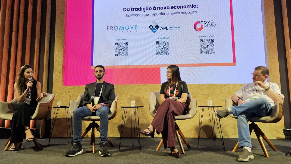 Foto de participantes do painel &ldquo;Da tradi&ccedil;&atilde;o &agrave; nova economia: inova&ccedil;&atilde;o que impulsiona novos neg&oacute;cios, no South Summit Brazil