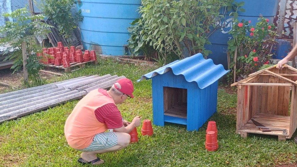Uma pessoa est&aacute; em uma &aacute;rea externa gramada com pequenas estruturas de madeira em formato de casinhas, uma pintada de azul e outra em madeira natural. Ao redor, h&aacute; vasos pl&aacute;sticos vermelhos espalhados no ch&atilde;o e, ao fundo, pilhas organizadas de vasos semelhantes. 