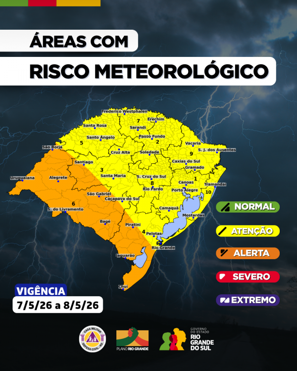 Avanço de frente fria provoca tempestades no Rio Grande do Sul entre quinta feira (7) e sexta feira (8)