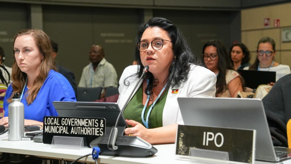 Foto mostra secret&aacute;ria Marjorie Kauffmann durante fala institucional em evento da ONU.
