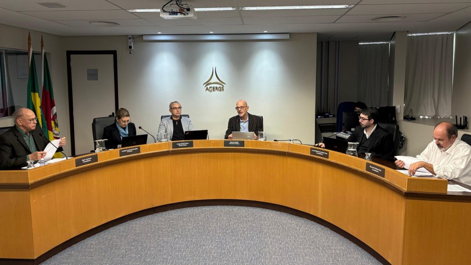 A fotografia em plano geral e &acirc;ngulo frontal mostra uma sess&atilde;o de julgamento ou reuni&atilde;o deliberativa institucional ocorrendo em um plen&aacute;rio de formato semicircular.

A Mesa Diretora: No centro do quadro, seis conselheiros (uma mulher e cinco homens) est&atilde;o sentados em cadeiras de escrit&oacute;rio pretas de encosto alto, acomodados atr&aacute;s de uma grande bancada curva de madeira em tom castanho-claro.

Os Integrantes (da esquerda para a direita):

Na extremidade esquerda, um senhor calvo de palet&oacute; escuro e camisa verde analisa pap&eacute;is em suas m&atilde;os. Ladeando-o, no canto esquerdo, est&atilde;o dispostas as bandeiras oficiais do Brasil e do Estado do Rio Grande do Sul em seus mastros.

Ao lado dele, uma mulher usa &oacute;culos e blusa escura com len&ccedil;o azul-claro no pesco&ccedil;o, concentrada diante de um notebook preto aberto.

No centro-esquerda, um homem de &oacute;culos e blazer cinza claro sobre camiseta escura observa a sess&atilde;o.

No centro da mesa, um homem calvo e de &oacute;culos, vestindo palet&oacute; escuro sobre camisa azul-clara, est&aacute; com as m&atilde;os gesticuladas e a boca aberta, indicando o uso da palavra. Ele tem um notebook prateado &agrave; sua frente.

&Agrave; sua direita (direita da foto), um jovem de barba, &oacute;culos e terno escuro sobre camisa clara acompanha a delibera&ccedil;&atilde;o.

Na extremidade direita, um senhor calvo e de barba, vestindo uma camisa social branca com as mangas dobradas, manipula documentos impressos sobre a bancada.

O Ambiente:

O piso do plen&aacute;rio &eacute; revestido por um carpete cinza-escuro texturizado. Na borda superior de cada assento da bancada, h&aacute; pequenas placas de identifica&ccedil;&atilde;o pretas com letras douradas indicando os nomes e cargos dos conselheiros. Sobre a mesa, h&aacute; notebooks, microfones de haste flex&iacute;vel e jarras de vidro com &aacute;gua.

A parede de fundo &eacute; de cor clara e exibe, centralizado logo acima do presidente da sess&atilde;o, o logotipo met&aacute;lico dourado da AGERGS (Ag&ecirc;ncia Estadual de Regula&ccedil;&atilde;o dos Servi&ccedil;os P&uacute;blicos Delegados do Rio Grande do Sul), composto por tr&ecirc;s linhas curvas que convergem no topo sobre a inscri&ccedil;&atilde;o do nome da ag&ecirc;ncia.

O teto &eacute; composto por placas modulares brancas com lumin&aacute;rias embutidas e um projetor de v&iacute;deo fixado ao centro. No canto superior direito, cortinas verticais claras cobrem as janelas.

A imagem registra uma reuni&atilde;o t&eacute;cnica e oficial de regula&ccedil;&atilde;o p&uacute;blica e tomada de decis&otilde;es administrativas.