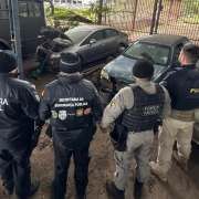 Quatro policiais est&atilde;o parados em frente a v&aacute;rias sucatas de ve&iacute;culos em um p&aacute;tio de desmanche
