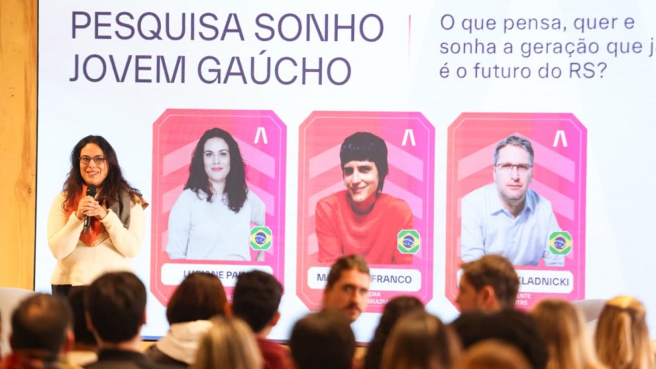 Foto mostra palestrante no palco do evento da Invest RS. Ela fala com microfone em frente &agrave; plateia. Atr&aacute;s dela, uma apresenta&ccedil;&atilde;o que mostra o t&iacute;tulo "Pesquisa Sonho Jovem Ga&uacute;cho".