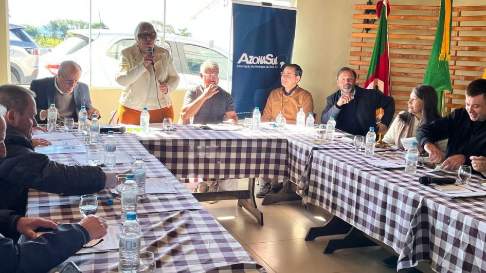 Esta &eacute; uma descri&ccedil;&atilde;o da imagem para fins de acessibilidade:

A fotografia em plano geral e &acirc;ngulo diagonal registra uma reuni&atilde;o de trabalho e articula&ccedil;&atilde;o pol&iacute;tica em um ambiente institucional semi-formal. O t&iacute;tulo do arquivo identifica o evento como **"Governo do Estado refor&ccedil;a parceria com munic&iacute;pios da Zona Sul para ampliar a&ccedil;&otilde;es de enfrentamento &agrave; viol&ecirc;ncia contra as mulheres.jpeg"**.

### **A Oradora e a Mesa Central**

* **O Pronunciamento:** No lado esquerdo do plano de fundo, uma mulher com cabelos curtos loiros ou platinados e &oacute;culos de grau escuros est&aacute; em p&eacute;, falando ao microfone que segura com a m&atilde;o direita. Ela veste um casaco tipo *biker* na cor creme ou esbranqui&ccedil;ada sobre uma blusa clara e cal&ccedil;a ou saia na cor laranja viva.
* **Participantes &agrave; Mesa de Fundo:** Sentados ao longo da extens&atilde;o da mesa ao fundo, acompanhando a fala, est&atilde;o:
* &Agrave; esquerda da oradora, um homem idoso de &oacute;culos e palet&oacute; cinza, inclinado para baixo analisando documentos.
* &Agrave; direita da oradora, um homem de camiseta cinza e &oacute;culos, com a m&atilde;o direita pr&oacute;xima &agrave; boca; ao seu lado, um homem de &oacute;culos e su&eacute;ter marrom-claro com um cord&atilde;o de credencial colorido no pesco&ccedil;o; e mais &agrave; direita, um homem de casaco escuro observando atentamente a oradora.



### **Demais Integrantes e Disposi&ccedil;&atilde;o**

* **Formato da Mesa:** Os participantes est&atilde;o reunidos em torno de uma grande mesa disposta em formato de "U", totalmente coberta por uma toalha com estampa xadrez em tons de marrom-escuro e branco.
* **Ala Direita:** Sentadas no bra&ccedil;o direito da mesa, veem-se uma mulher com cabelos longos escuros voltada em dire&ccedil;&atilde;o &agrave; oradora e, ao seu lado, na extrema direita, um homem sorridente vestindo casaco preto de gola alta.
* **Ala Esquerda (Primeiro Plano):** No bra&ccedil;o esquerdo da mesa, em primeiro plano, aparecem homens sentados de perfil ou de costas para a c&acirc;mera, concentrados na reuni&atilde;o. Um deles, no canto inferior esquerdo, segura um smartphone na m&atilde;o, enquanto os outros revisam pap&eacute;is e relat&oacute;rios distribu&iacute;dos sobre a mesa.
* **Objetos sobre a Mesa:** Ao longo de toda a extens&atilde;o da mesa, encontram-se espalhadas diversas garrafas pl&aacute;sticas transparentes de &aacute;gua mineral, copos de vidro vazios, canetas e microfones de m&atilde;o extras deitados sobre os pap&eacute;is.

### **O Ambiente e S&iacute;mbolos Institucionais**

* **Elementos de Identifica&ccedil;&atilde;o:** Ao fundo, centralizado atr&aacute;s da mesa principal, destaca-se um banner institucional do tipo *roll-up* na cor azul-escura com o logotipo e a inscri&ccedil;&atilde;o: **"Azonasul - Associa&ccedil;&atilde;o dos Munic&iacute;pios da Zona Sul"**.
* **S&iacute;mbolos Oficiais:** No canto superior direito, dispostas em mastros de madeira &agrave; frente de um painel de ripas decorativas de madeira horizontal, encontram-se duas bandeiras oficiais: &agrave; esquerda, a bandeira do Estado do Rio Grande do Sul (com suas faixas verde, vermelha e amarela); &agrave; direita, uma bandeira inteiramente verde adornada com uma roseta de fitas amarela e verde no topo do mastro.
* **Ilumina&ccedil;&atilde;o e Cen&aacute;rio:** O sal&atilde;o possui paredes lisas em tom bege ou ocre claro. Uma grande janela de vidro ao fundo permite a entrada de luz natural abundante, revelando uma fra&ccedil;&atilde;o de carros estacionados do lado de fora. Um aparelho de ar-condicionado *split* branco est&aacute; instalado no alto da parede, logo acima da janela.