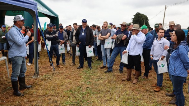 Uma fotografia colorida em plano geral e perspetiva ao n&iacute;vel dos olhos regista uma palestra ao ar livre durante o evento CerealTec 2026, reunindo produtores rurais, t&eacute;cnicos e pesquisadores num campo experimental.

**O Palestrante (&agrave; esquerda):**

* No lado esquerdo da imagem, sob a cobertura de uma tenda azul, um palestrante de perfil fala ao microfone sem fio segura na m&atilde;o esquerda.


* Ele veste camisa social azul-clara com mangas dobradas, cal&ccedil;as de ganga cinzento-azuladas, botas de borracha pretas de cano alto e bon&eacute; cinzento com aba azul.



**A Plateia e os Participantes (ao centro e &agrave; direita):**

* Ao centro e &agrave; direita, cerca de tr&ecirc;s dezenas de homens e mulheres assistem atentos &agrave; apresenta&ccedil;&atilde;o dispostos em semic&iacute;rculo sobre a palhada do terreno agr&iacute;cola.


* Diversos participantes seguram sacolas promocionais brancas com o log&oacute;tipo da **Embrapa** impresso em verde.


* As vestimentas do grupo s&atilde;o compostas por trajes t&iacute;picos de trabalho de campo e estilo ga&uacute;cho/rural: camisas sociais, casacos, coletes, bombachas, chap&eacute;us de palha ou feltro, bon&eacute;s e botas de couro.


* Em primeiro plano, &agrave; direita, destaca-se uma mulher de costas e perfil vestindo anorak/casaco imperme&aacute;vel azul, cal&ccedil;as de ganga e botas de couro castanhas.



**O Local e o Cen&aacute;rio (ao fundo):**

* O evento decorre numa &aacute;rea de demonstra&ccedil;&atilde;o agr&iacute;cola sobre solo coberto por palhada seca e vest&iacute;gios de cultivo.


* &Agrave; esquerda, sobressaem-se as estruturas de tendas e um p&oacute;rtico insufl&aacute;vel verde de patrocinadores.


* Ao fundo, avistam-se &aacute;rvores, postes da rede el&eacute;trica e um c&eacute;u predominantemente encoberto por nuvens cinzentas e ilumina&ccedil;&atilde;o natural difusa.