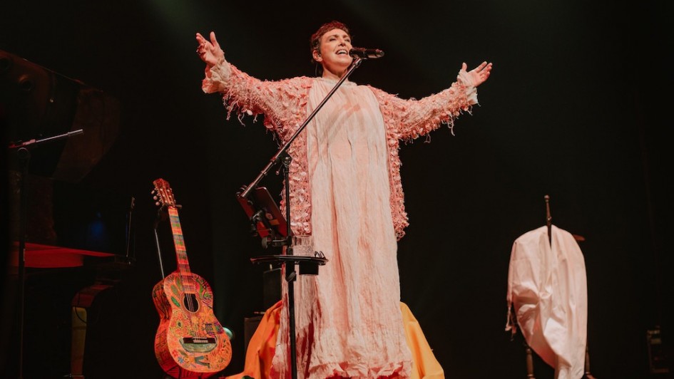 Foto mostra a cantora Adriana Calcanhotto no palco. Ela est&aacute; em p&eacute;, em frente ao microfone. Ela est&aacute; cantando com os bra&ccedil;os abertos. Ela usa uma roupa em tonalidade bege. Atr&aacute;s dela, h&aacute; um viol&atilde;o num pedestal. O fundo &eacute; todo preto. 