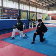 Uma fotografia colorida em plano geral e perspectiva ao n&iacute;vel dos olhos capta uma sess&atilde;o de fisioterapia esportiva e treino funcional nas instala&ccedil;&otilde;es do Centro Estadual de Treinamento Esportivo (Cete).

**Os Atletas e o Exerc&iacute;cio (ao centro e em primeiro plano):**

* No centro da composi&ccedil;&atilde;o, sobre tatames emborrachados em tons de azul e vermelho, duas pessoas realizam um exerc&iacute;cio de afundo/alongamento ajoelhado:
* &Agrave; esquerda, um homem negro veste casaco desportivo verde e preto, cal&ccedil;as brancas e segura um *kettlebell* verde com a m&atilde;o direita enquanto mant&eacute;m o joelho esquerdo fletido &agrave; frente.
* &Agrave; direita, uma jovem de cabelos escuros apanhados num rabo de cavalo veste camisola de manga comprida preta com a marca **"PUMA"**, cal&ccedil;as desportivas pretas e meia-p&eacute;s escuros, apoiando a m&atilde;o no joelho fletido.

**A Infraestrutura do Gin&aacute;sio (&agrave; esquerda e ao fundo):**

* &Agrave; esquerda, em segundo plano, destaca-se um ringue de boxe elevado com lona azul e cordas azuis e brancas.
* Ao fundo e &agrave; direita, observa-se a ampla &aacute;rea de treino com tatames e &aacute;reas destinadas a artes marciais (jud&ocirc;/m&uacute;ltiplas modalidades), com banners institucionais fixados nas paredes e o log&oacute;tipo da **FGJ** (Federa&ccedil;&atilde;o Ga&uacute;cha de Jud&ocirc;).
* O pavilh&atilde;o conta com p&eacute;-direito alto, estrutura met&aacute;lica no teto com tesouras em treli&ccedil;a, janelas altas com ilumina&ccedil;&atilde;o natural e tijolos &agrave; vista na parte inferior das paredes.